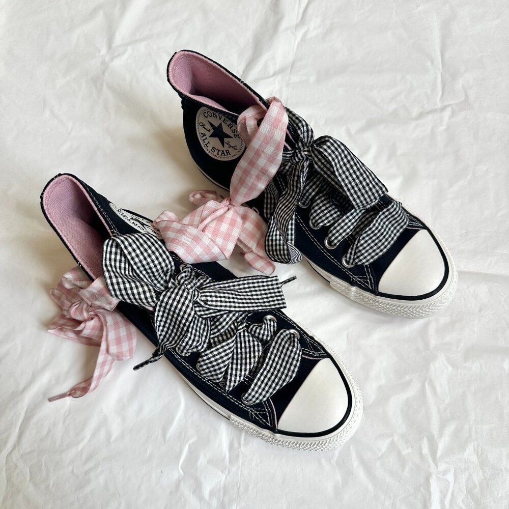 NEW Converse Women Shoes 8.5 Casual Black with Barbie PINK High Top Sneakers - Picture 2 of 9